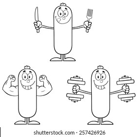 Black And White Sausage Cartoon Mascot Character 4. Vector Collection Set Isolated On White