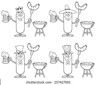 Black And White Sausage Cartoon Mascot Character 7. Vector Collection Set Isolated On White