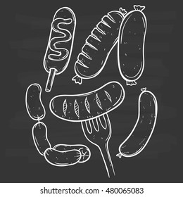 black and white sausage collection using doodle art on chalkboard background