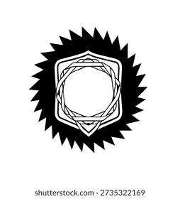 Black and White Sawtooth Circular Logo Frame with Geometric Hexagon Center and Interwoven Lines, Minimalist Industrial Style Vector Illustration for Branding