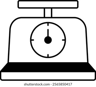 A black and white scale with a clock on it. The scale is set to zero. The clock shows the time as 10:00