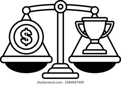 A black and white scale with a dollar sign on one side and a trophy on the other. The scale is balanced, but the dollar sign is positioned on the left side of the scale