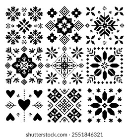 Black and White Scandinavian Folk Patterns Vector Set