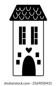 Black and white Scandinavian house clipart. Nordic house doodle in minimal flat style. Hand draw vector illustration.