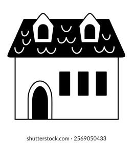 Black and white Scandinavian house clipart. Nordic house doodle in minimal flat style. Hand draw vector illustration.