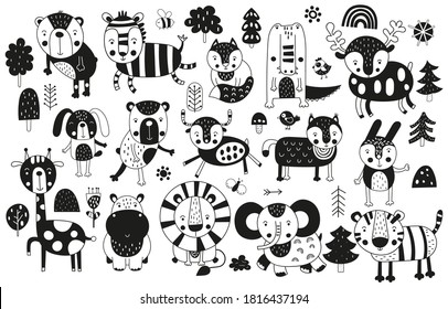 Black And White Scandinavian Monochrome Prints Animals Set. Doodle Cartoon Forest And Jungle Animals For Nursery Posters, Cards, T-shirts. Vector Illustration. Bear, Zebra, Lion, Tiger, Croc, Hippo.