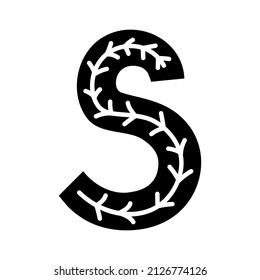 Black And White Scandinavian Ornate Letter S. Folk Font. Letter S In Scandinavian Style.