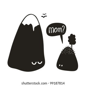 Black and white scandinavian poster for baby room decor. Mothers day vector illustration. Funny family on mountains.