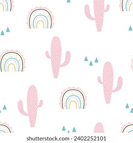 black and white scandinavian print, seamless pattern with cactus and rainbow, child trendy background