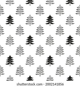 Black and white Scandinavian seamless pattern with pine trees. Modern minimalist background.