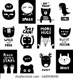 Black and white scandinavian set of posters for modern children room.  Vector collrction of monochrome prints with cute animals.