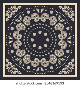 desenho de lenço preto e branco ou bandana com padrão de mandala paisley e elementos florais. Design de tapete monocromático étnico.