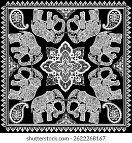 black and white scarf or bandana design with paisley mandala pattern and floral elements. 