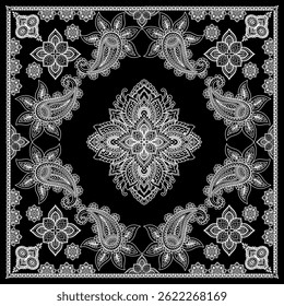 black and white scarf or bandana design with paisley mandala pattern and floral elements. 