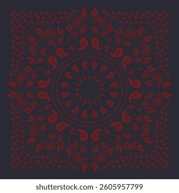 Black and white scarf or bandana with paisley mandala pattern. Ethnic vibrant carpet design. Abstract boho background.