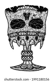 Black and white scary illustration of vector skull as an old chalice or cup.  Mystic isolated drawing for Halloween with esoteric, gothic, occult concept
