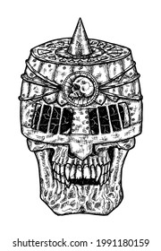 Black and white scary illustration of vector skull wearing knight helm.  Mystic isolated drawing for Halloween with esoteric, gothic, occult concept