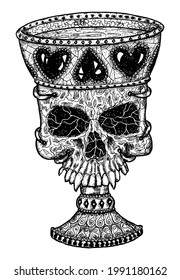 Black and white scary illustration of vector skull with decorated old cup. Mystic isolated drawing for Halloween with esoteric, gothic, occult concept