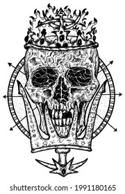 Black and white scary illustration of vector skull wearing crown with magic wand. Mystic isolated drawing for Halloween with esoteric, gothic, occult concept