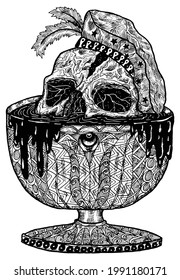 Black and white scary illustration of vector skull in old chalice or cup. Mystic isolated drawing for Halloween with esoteric, gothic, occult concept