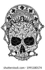 Black and white scary illustration of vector skull with decorated crown.  Mystic isolated drawing for Halloween with esoteric, gothic, occult concept