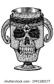 Black and white scary illustration of vector skull as a cup with horns. Mystic isolated drawing for Halloween with esoteric, gothic, occult concept