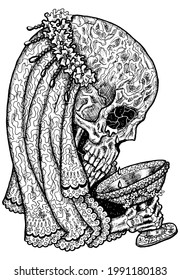 Black and white scary illustration of vector skull wearing bridal veiling and crown holding cup. Mystic isolated drawing for Halloween with esoteric, gothic, occult concept