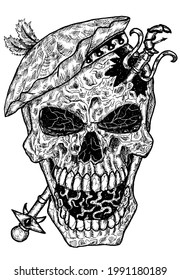 Black and white scary illustration of vector skull wearing medieval hat with wand. Mystic isolated drawing for Halloween with esoteric, gothic, occult concept