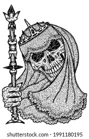 Black and white scary illustration of vector skull holding wand wearing bridal veiling and crown. Mystic isolated drawing for Halloween with esoteric, gothic, occult concept
