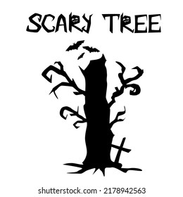 Black and white scary tree with branches, cross and bats for Halloween holiday decoration. Hand drawn creepy vector illustration