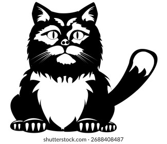 Schwarz-weiße Szene der Katze auf weißem Hintergrund ist isoliert