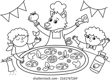 Escena en blanco y negro con lobo cocinero y dos chicos cocinando pizza. La página de color del restaurante italiano. Cocina tradicional romana e ilustración del chef. Dibujo divertido de contorno para niños
