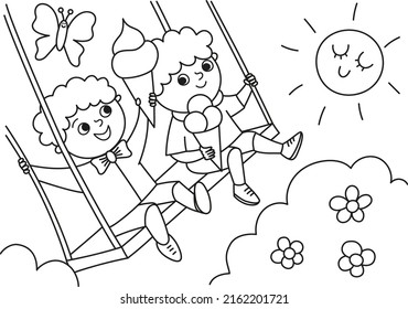 Black and white scene with two boys swinging and eating gelato. Coloring page for Italian cuisine restaurant. Traditional Rome food and chef illustration. Funny contour drawing for kids
