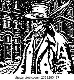 An black and white scene of Victorian London in winter with grumpy old Ebenezer Scrooge walking through the village. 
