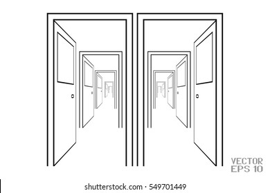 Black and White Schematic Image of Suite of Rooms. A Series of Open Doors. Vector Illustration