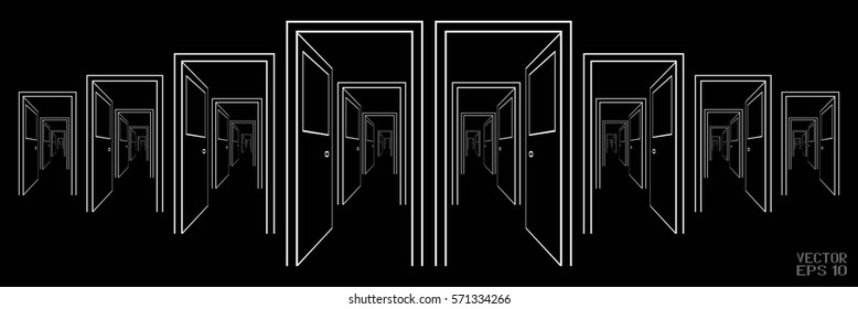 Black and White Schematic Image of Suite of Rooms. A Series of Open Doors. Vector. 3D Illustration