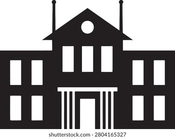 A black and white of a school building with a clock tower and flagpoles, isolated on a plain white background, for education