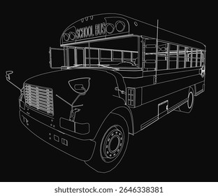 Uma ilustração de ônibus escolar preto e branco se destaca com contornos brancos arrojados contra um fundo escuro. O design minimalista destaca a forma icônica do veículo, criando um contraste impressionante.
