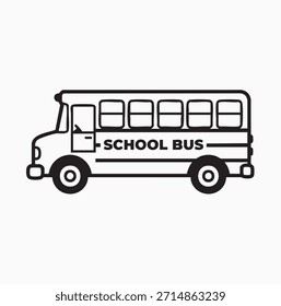 Icono blanco y negro del Vector del autobús escolar con el texto aislado en el fondo blanco