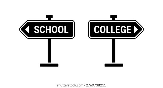 Black and white school and college directional signs arrows in white background