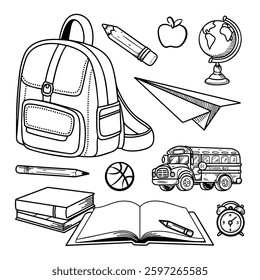 Black and White School Equipment Vector Illustration in Sketch Style