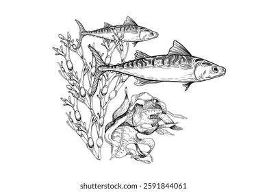 Black and white school fish Illustration with Coral and Seaweed vector. Mackerel Underwater scene monochrome hand drawn. Underwater life engraving drawing for coloring, nautical prints and Ocean DIY.