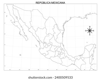 Black and white school map of Mexico with political division and with grades, without names