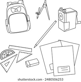 Black and white school supplies: school bag, book, ruler, pencil, eraser, compass, sharpener