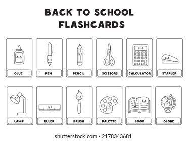 Black And White School Supply Flashcards For Kids. Vector Illustrations Of Cute School Supplies With Names.