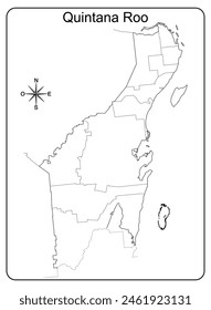 Black and white school type map with political division of the state of Quintana Roo in Mexico