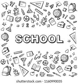 black and white school vector school banner with hand drawing icons