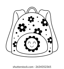 Black and white schoolbag, retro groovy school backpack doodle, back to school, cute hand drawn vector illustration in flat style