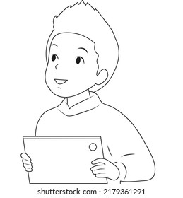 Black and white Schoolboy boy is engaged on the tablet. Vector flat illustration.