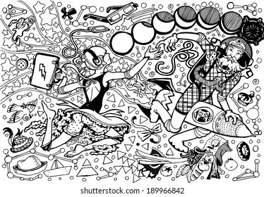 Black & White Sci Fi Illustration of the Girl and an Astronout in Open Space (hand drawn EPS10 vector)